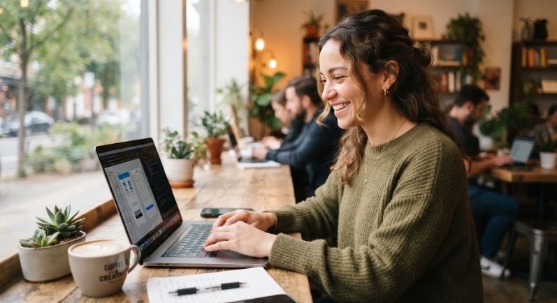 Student taking an anger management class online on her laptop